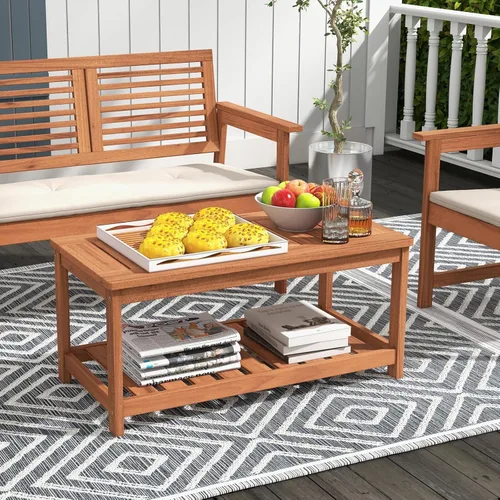 Miniatura 2 de Tangkula Mesa de centro de madera para exteriores, mesa de centro de patio de 2 niveles con mesa de madera dura de listones y estante