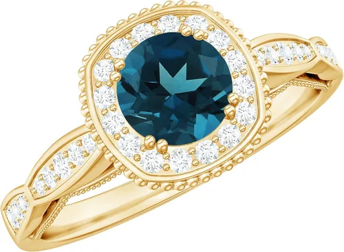 Miniatura 10 de Anillo de compromiso con halo de diamantes de topacio azul londinense certificado, calidad AAA, anillo de diamantes de topacio azul natural