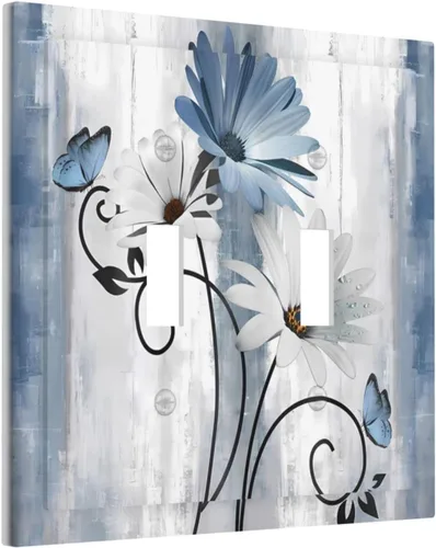 Miniatura 15 de Placa de pared decorativa con hojas de palmera tropicales de oro blanco, hoja de plátano, doble interruptor de luz de palanca decorativa, placa