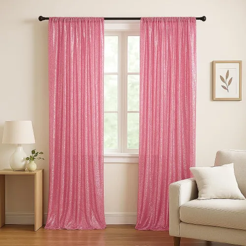 Miniatura 7 de Juya Delight Cortinas de fondo de lentejuelas rosa fucsia, 2 paneles de 2 x 8 pies, fondo brillante de alta densidad, cortinas de fotografía
