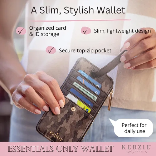 Miniatura 3 de KEDZIE Essentials Only - Cartera con cremallera para mujer, de piel vegana, pequeña tarjetero con ventana exterior para identificación, Glamoflauge