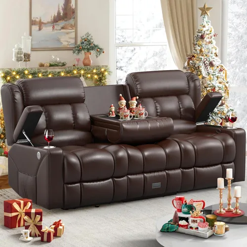 Miniatura 18 de Dresegmt - Juego de sofá reclinable con consola de almacenamiento, diseño de respaldo central abatible, sofá de piel sintética y sillón reclinable