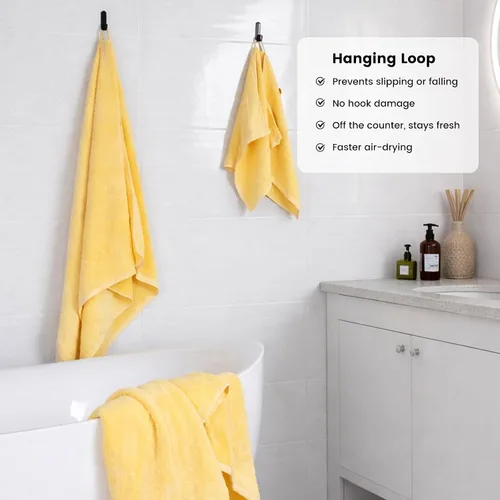 Miniatura 4 de SEMAXE - Juego de toallas de baño amarillas, 2 toallas de baño de lujo, 2 toallas de mano, 4 toallas faciales 100% algodón con bucles para colgar