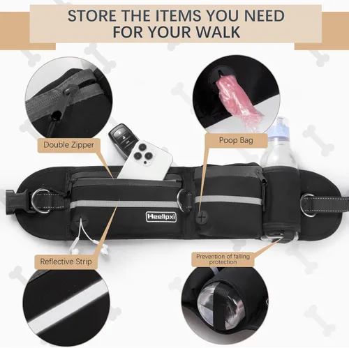 Miniatura 6 de Correa para perro con cinturón, costuras reflectantes, asas dobles, diseño retráctil elástico, perfecto para correr, negro, adecuado para perros