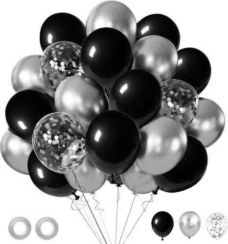 Globos de confeti negro y plateado, 50 unidades de 12 pulgadas, unisex, adultos, fiesta, celebración general, negro y plateado, redondos,