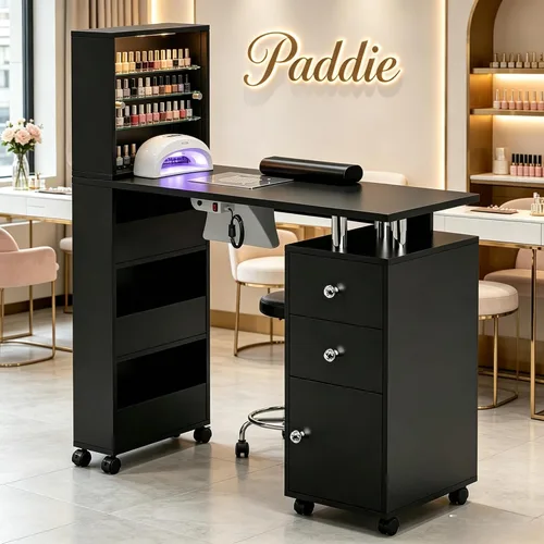 Miniatura 10 de Paddie Mesa de manicura, estación de mesa de escritorio de maquillaje de uñas con parte superior de vidrio para tecnología con ventilación Negro