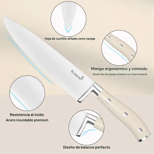 Miniatura 4 de Juego de cuchillos de chef Kuisine, juego de cuchillos de acero inoxidable de alto carbono afilados con mango ergonómico, juego de bloques de Blanco