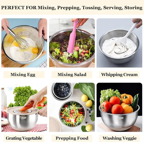 Miniatura 4 de Wildone Cuencos para mezclar con tapas herméticas, 22 PCS cuencos de acero inoxidable anidables, con 3 accesorios de rallador, marcas de escala