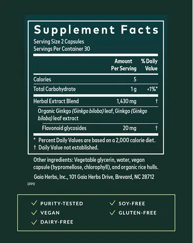 Miniatura 3 de Gaia Herbs Hoja de ginkgo - Tradicionalmente utilizada para apoyar la circulación saludable y la función cerebral* - Suplemento de hierbas - 60