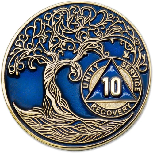 Miniatura 225 de 20 Year Sobriety Mint Twisted Tree of Life - Medallón de recuperación AA chapado en oro, fichas y fichas, color negro