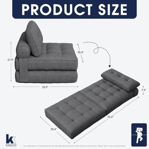 Miniatura 3 de KINGYES Silla de Cama Plegable, Silla Convertible 3 en 1 con Almohada, Silla Futón Plegable para Sala de Estar, Gris Gris (Mist Gray)