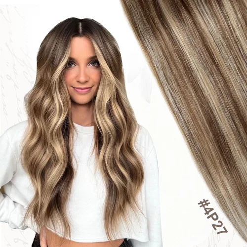Miniatura 6 de XDhair Extensiones de cabello humano Remy con pinzas, color marrón medio #4, mezclado con rubio caramelo #27, 3.53 oz, 6