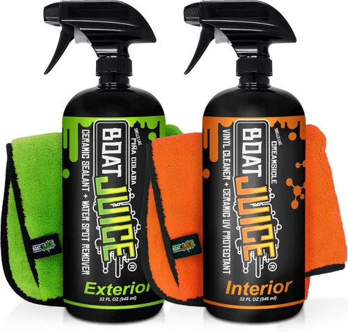 Boat Juice Kit de limpieza de barco Necessity | Removedor de manchas de agua exterior, asiento interior y limpiador de vinilo, 2 toallas de