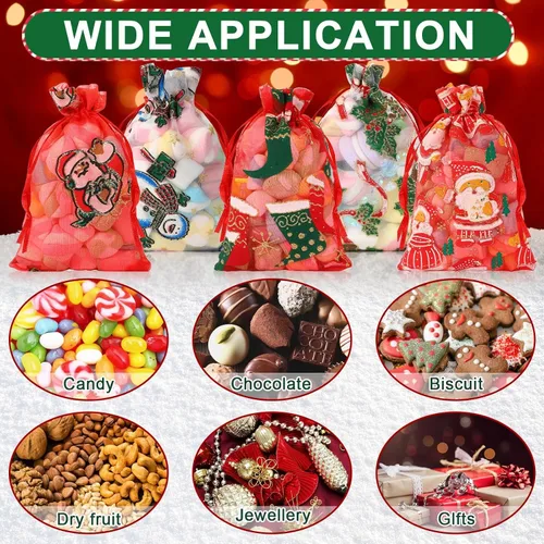 Miniatura 4 de DTOFOOT Bolsas de organza de Navidad, bolsas de regalo para joyas, 40 unidades de 4 x 6 pulgadas, pequeños copos de nieve de Papá Noel de Navidad