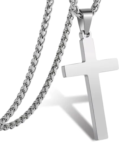 RS Collar de cruz para hombres, niños y mujeres, de 16 a 24 pulgadas, cadena colgante de cruz de acero inoxidable, regalo religioso, Acero