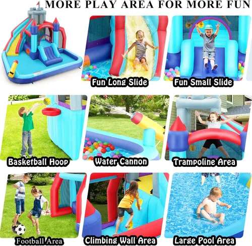 Miniatura 3 de AKEYDIY Toboganes acuáticos inflables, estilo castillo, parque acuático inflable al aire libre con escalada, borde de baloncesto, piscina