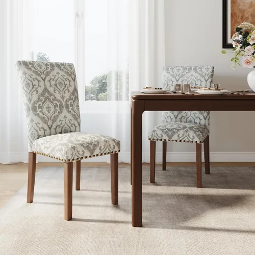 Miniatura 33 de Juego de 2 sillas de comedor de granja, respaldo alto con patas de madera y ribete de cabeza de clavo, silla de comedor de tela moderna