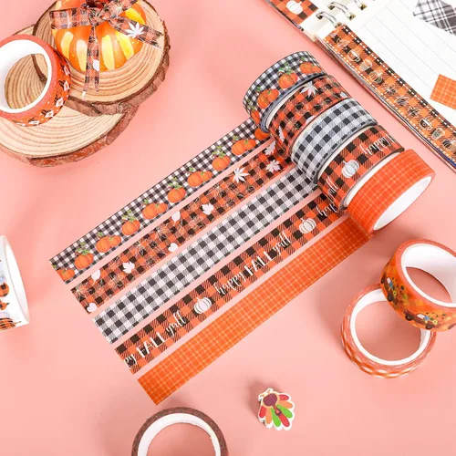 Miniatura 5 de Whaline 12 rollos de cintas Washi a cuadros de otoño, búfalo colorido, calabaza, camión, hojas de arce, patrón de gnomo, cinta adhesiva decorativa