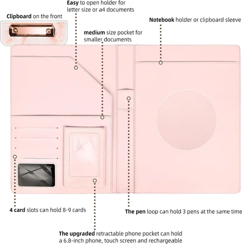 Miniatura 4 de Ospelelf Portapapeles de almacenamiento rosa para mujer, folio con bloc de notas, carpeta de cuero para profesores Elemento en polvo