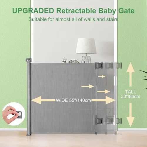 Miniatura 2 de Puerta retráctil para bebé, puerta extra ancha de seguridad para niños o mascotas, 33 pulgadas de alto, se extiende a 55 pulgadas de ancho, puerta