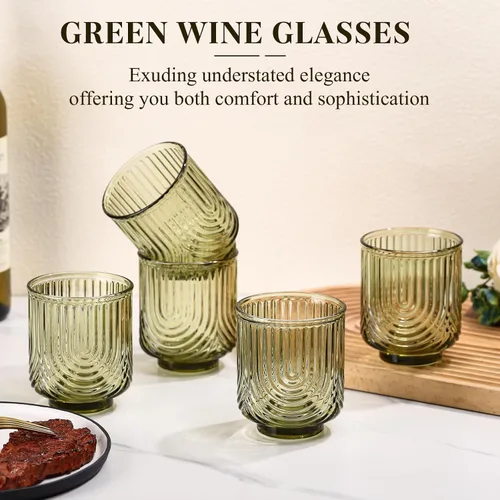 Miniatura 2 de Juego de vasos de bebida verdes vintage, vasos de cóctel transparentes estilo arco de 6 unidades, vasos de vidrio acanalados de 15 onzas, hechos a