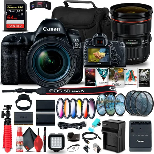 Canon Cámara DSLR EOS 5D Mark IV con lente f/4L de 0.945-2.756 in (1483C018) + lente Canon EF 0.945-2.756 in f/2.8L II USM (5175B002) + tarjeta de