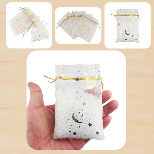 Miniatura 3 de QIANHAILIZZ - 100 bolsas de organza con diseño de estrellas y lunas para joyas, para regalo de caramelos, regalo de matrimonio, con cordón