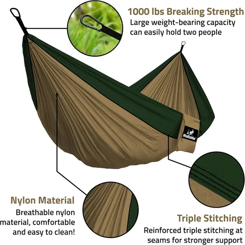 Miniatura 8 de Hamaca MalloMe para una o dos personas, para camping, set de hamaca colgante con 3 correas para árbol, hecha de nailon, es ligera, capacidad para 2