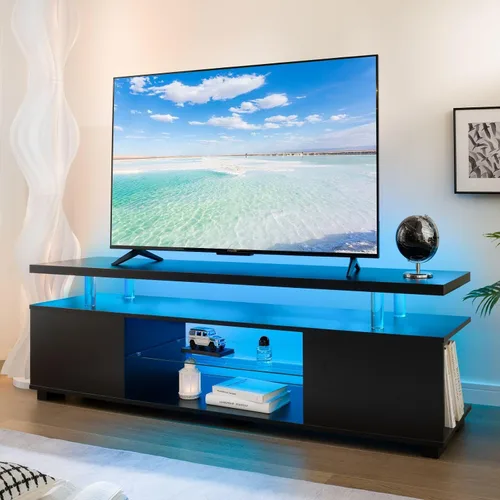 Miniatura 2 de Soporte de TV negro con luces LED para TV de 60 o 65 pulgadas, moderno centro de entretenimiento con almacenamiento, consola de TV