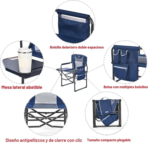 Miniatura 6 de SUNNYFEEL Silla de camping para directores, silla plegable portátil de gran tamaño con mesa lateral, bolsillo para playa, pesca, viaje, picnic, Azul