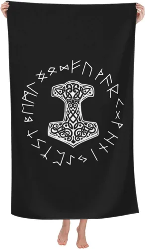 Vikings Mjolnir and Rune Wheel - Toalla de playa absorbente con símbolo de mitología nórdica, toallas de playa de gran tamaño, súper 32 x 52 pulgadas