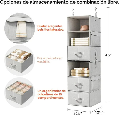 Miniatura 3 de Vailando Organizador de Armario Colgante de 6 Estantes con 3 Cajones, 2 Organizadores de Armario Separables de 3 Estantes y Almacenamiento para Gris