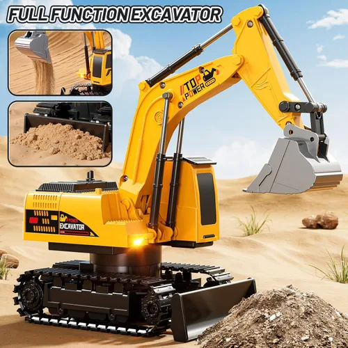 Miniatura 7 de Excavadora de juguete a control remoto para niños de 6 a 12 años, 11CH 2.4 GHz, excavadora de arena RC con pala de metal, luces/sonidos, juguetes