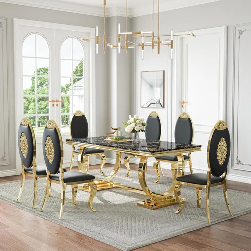 Miniatura 37 de Juego de mesa de comedor de mármol de 70 pulgadas para 6, mesa de cocina grande y sillas de cuero negro, mesas de comedor modernas negras y doradas