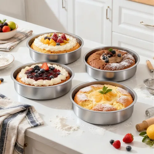 Miniatura 4 de Ohtomber - Bandeja para tarta de 20 cm - Juego de 4 bandejas redondas de acero inoxidable para tartas de capa, moldes, juego de horneado apilable