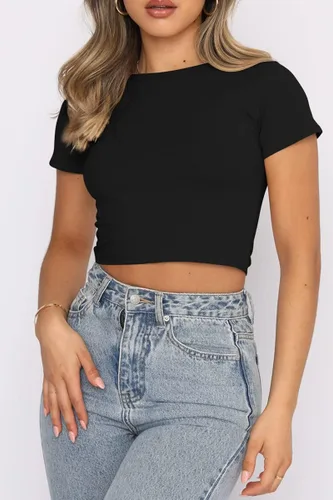 Miniatura 2 de WYNNQUE Camisetas cortas para mujer, lindas camisetas básicas de verano con cuello redondo, ajuste delgado, de manga corta, para adolescentes