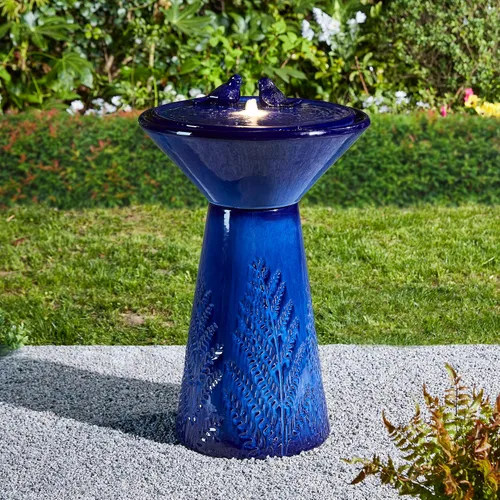 Miniatura 11 de Glitzhome Fuente de agua de cerámica para jardín de 14.75 pulgadas de alto con luces LED y bomba, dos pájaros en relieve con patrón de hojas