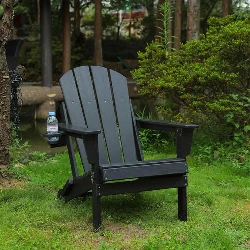 Miniatura 2 de Silla Adirondack plegable con soporte para tazas, silla de exterior de HDPE resistente a la intemperie, silla de césped de grano de madera para Negro