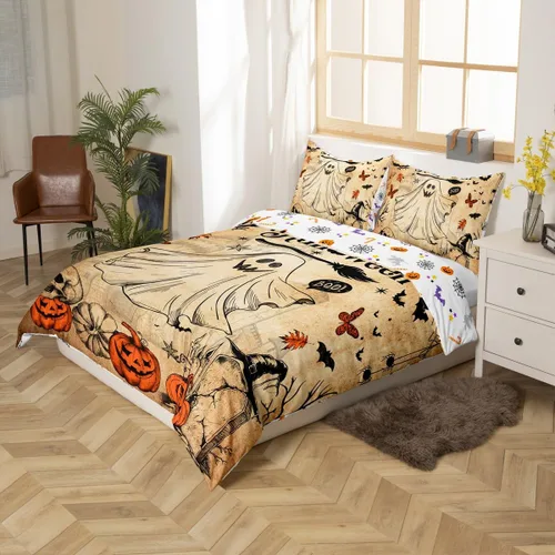 Miniatura 4 de Lindo juego de funda de edredón de fantasma, tamaño individual para niños y niñas, juego de ropa de cama de calabaza y calavera de azúcar, funda