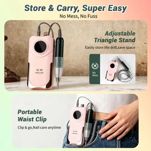 Miniatura 6 de JEWHITENY Taladro de uñas profesional recargable 35000 RPM, SG707 lima de uñas eléctrica con 6 brocas para uñas acrílicas, eliminación de pulido