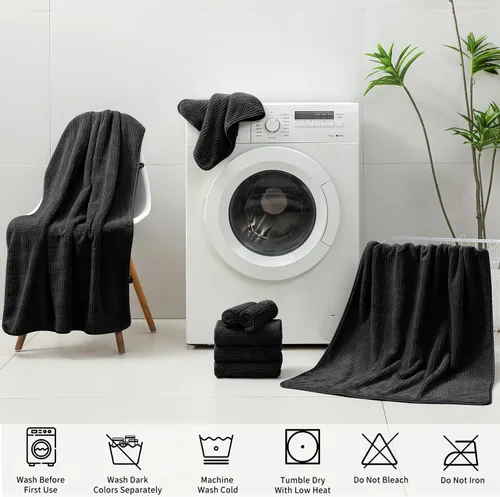 Miniatura 8 de 18 piezas de toallas tejidas negras familiares - 6 sábanas de baño, 6 toallas de mano, 6 toallitas de poliéster suave, toallas de ducha absorbentes