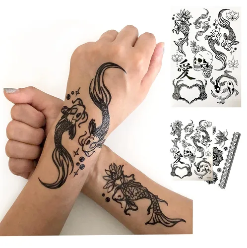 Miniatura 2 de Tatuajes temporales para mujeres adultas – 2 hojas – Black Big Ying y Yang Koi Fish Kanji Love Skeleton Heart Hand Skull Lotus Sleeve Adultos Tattoo