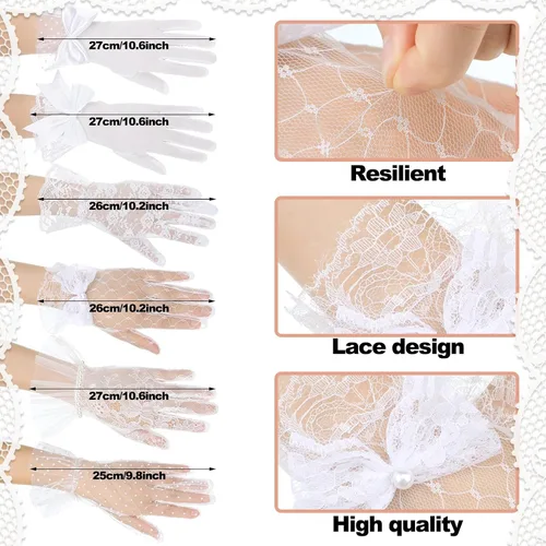 Miniatura 3 de Maitys 6 pares de guantes de encaje para mujer, elegantes guantes cortos para fiesta de té, guantes florales de boda para mujeres y niñas
