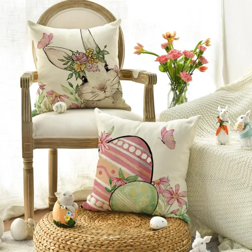 Miniatura 2 de AVOIN colorlife Juego de 4 fundas de almohada verdes de conejo de Pascua feliz de Pascua, 16 x 16 pulgadas, diseño de conejito de Pascua para sofá