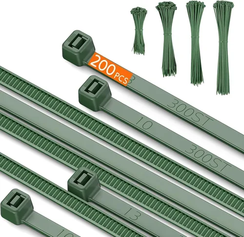 PA66 - Bridas verdes para cables, 200 piezas de 12+10+8+4 pulgadas con resistencia de 22 a 55 libras, bridas de nailon autoblocantes premium de
