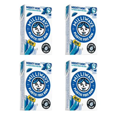 Milliways Mighty Mint | Goma sin plástico | Xilitol, sin aspartamo, sin azúcar, a base de plantas, goma de mascar natural | 40 piezas en total (4