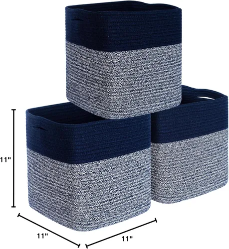 Miniatura 9 de MINTWOOD Design Paquete de 3 cestas de almacenamiento con cuerda tejida de 11x11 pulgadas y cestas para estante, organizador cuadrado decorativo