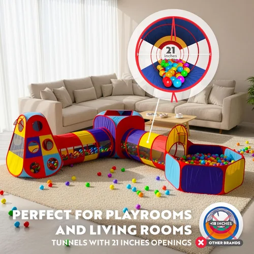 Miniatura 3 de Playz 5 piezas de tiendas de campaña infantiles y túneles - Piscina de pelotas para niños pequeños, canasta de baloncesto, tubos para gatear, casas