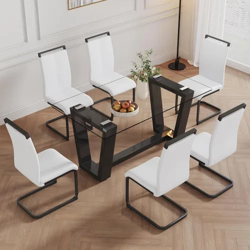 Miniatura 11 de Ebullient - Juego de mesa de comedor de cristal para 4, juego de mesa de comedor moderno para 4, tablero de vidrio templado con patas trapezoidales
