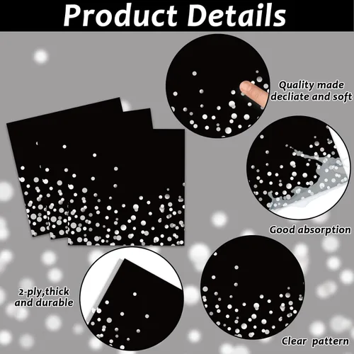 Miniatura 4 de gisgfim 96 piezas de suministros para fiesta en negro y plata, platos de papel, servilletas con punto plateado sobre negro, juego de mesa